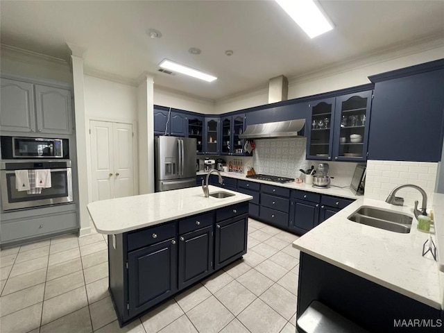 kitchen with sink, an island with sink, stainless steel appliances, and ventilation hood