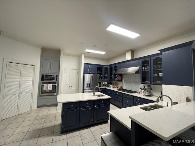 kitchen with sink, an island with sink, stainless steel appliances, and extractor fan