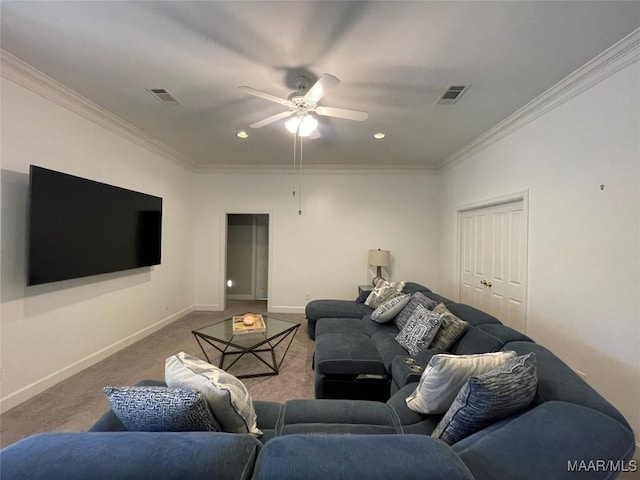 carpeted living room featuring ceiling fan and crown molding