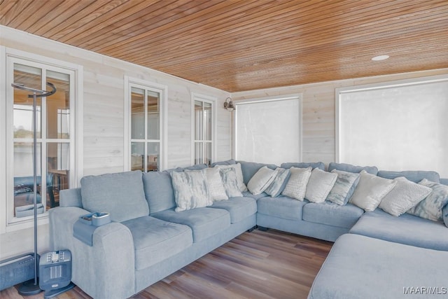 living room featuring hardwood / wood-style floors, wood walls, and wooden ceiling