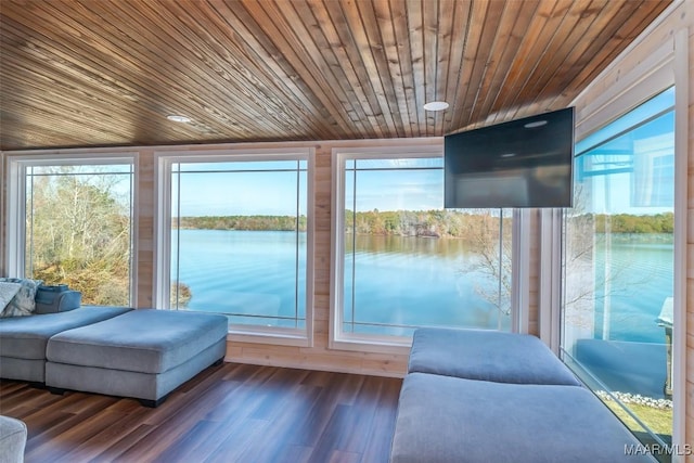 sunroom featuring wooden ceiling