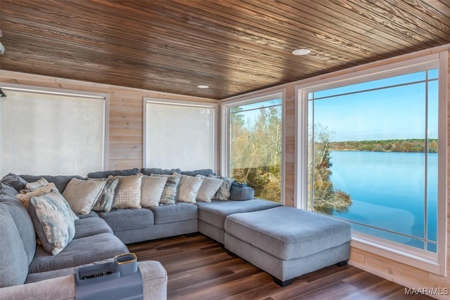 living room featuring dark hardwood / wood-style floors, wood walls, a water view, and wood ceiling