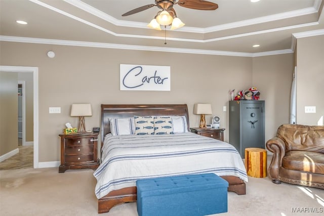 bedroom featuring ceiling fan, ornamental molding, and light carpet