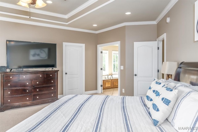 carpeted bedroom with connected bathroom, ceiling fan, and crown molding