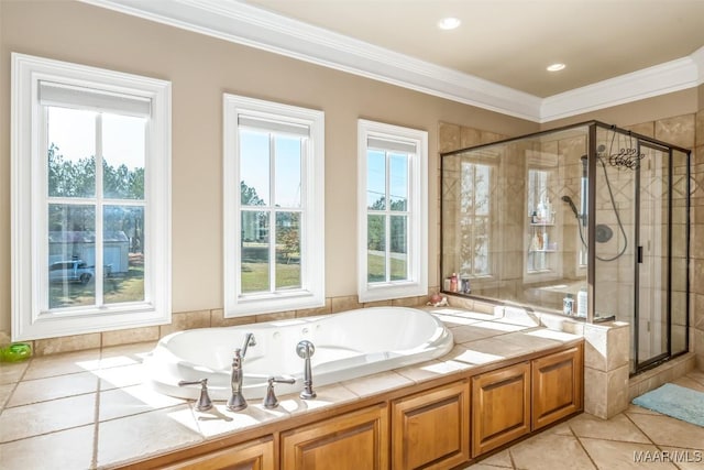 bathroom featuring crown molding, tile patterned flooring, and shower with separate bathtub