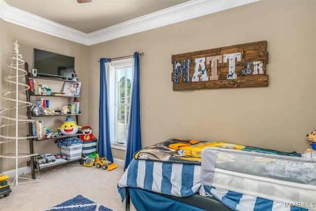 bedroom featuring carpet flooring and crown molding