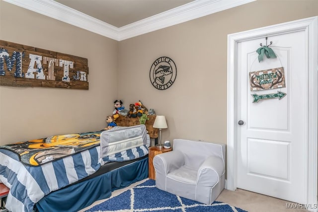 carpeted bedroom featuring crown molding