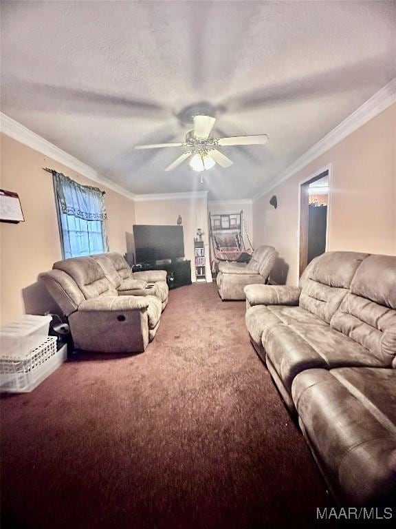 carpeted living room with ceiling fan, ornamental molding, and a textured ceiling