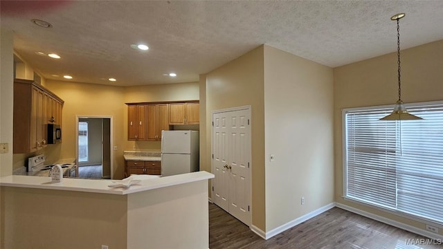 kitchen featuring kitchen peninsula, hardwood / wood-style floors, white refrigerator, and range