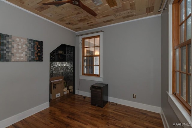 unfurnished room featuring ornamental molding, dark hardwood / wood-style flooring, and wooden ceiling