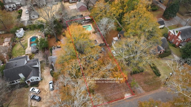 1220 Westmoreland Ave, Montgomery, AL 36106 - aerial view of residential area featuring property boundaries highlighted and a pool