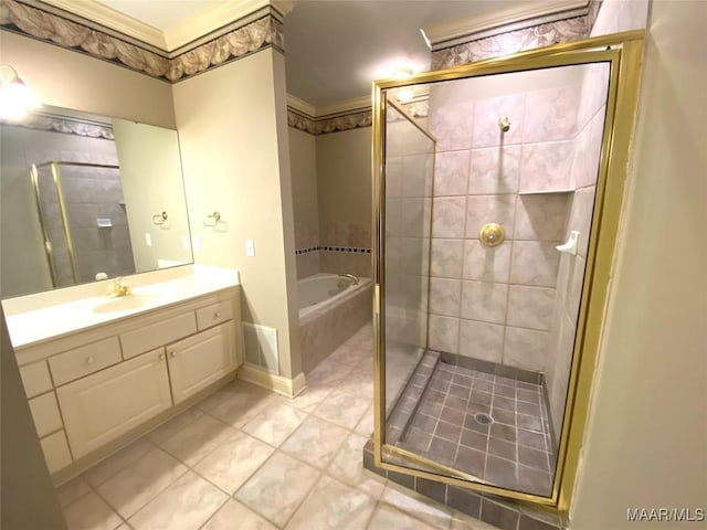 bathroom with tile patterned floors, crown molding, vanity, and shower with separate bathtub