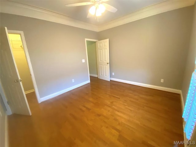 unfurnished bedroom with ceiling fan, a spacious closet, wood-type flooring, a closet, and ornamental molding