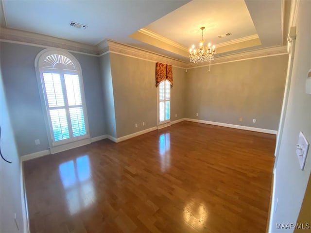 unfurnished room with dark hardwood / wood-style floors, a raised ceiling, and a healthy amount of sunlight