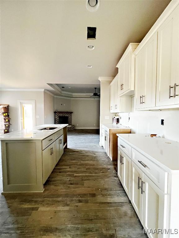 kitchen featuring a center island, ornamental molding, dark hardwood / wood-style floors, and white cabinetry