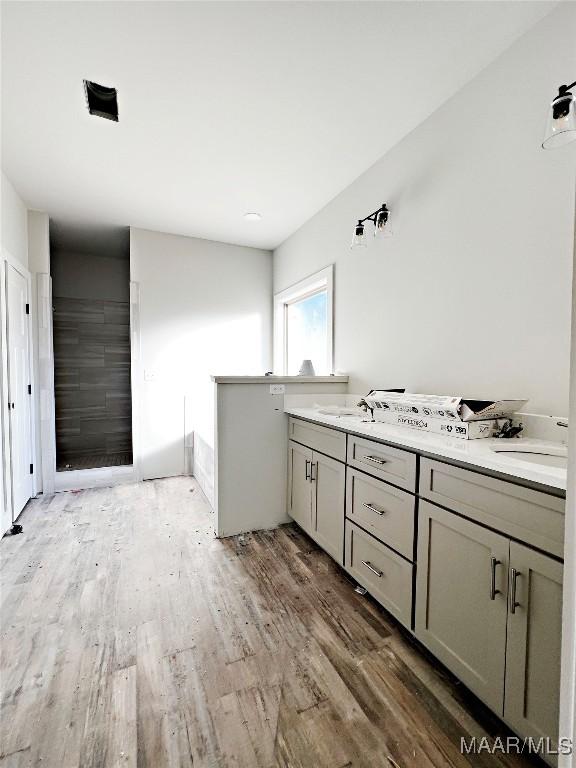 bathroom with hardwood / wood-style flooring and vanity