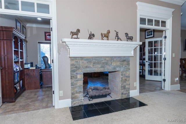 carpeted living room featuring a fireplace and crown molding