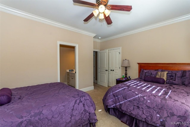 bedroom featuring connected bathroom, ceiling fan, crown molding, and light colored carpet