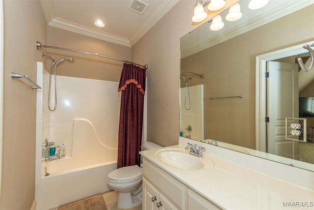 full bathroom with ornamental molding, vanity, shower / tub combo with curtain, tile patterned flooring, and toilet