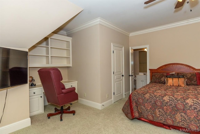 bedroom with connected bathroom, light colored carpet, ceiling fan, and crown molding