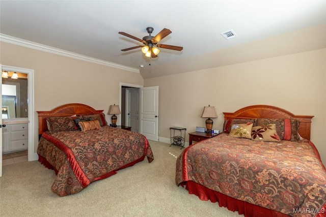 bedroom featuring connected bathroom, ceiling fan, carpet, and ornamental molding