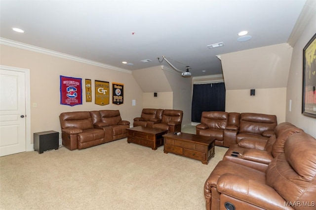 carpeted living room featuring crown molding