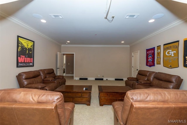 living room featuring crown molding and light colored carpet