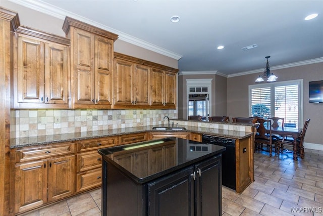 kitchen featuring kitchen peninsula, a kitchen island, ornamental molding, and black dishwasher