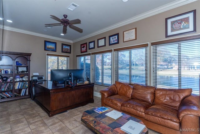 office featuring ceiling fan, light tile patterned floors, and crown molding