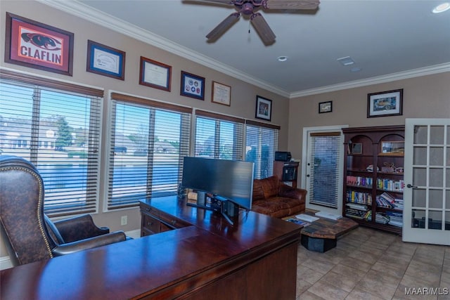 tiled office space with ceiling fan and ornamental molding