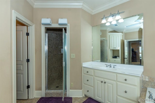 bathroom with tile patterned flooring, vanity, a shower with door, and ornamental molding