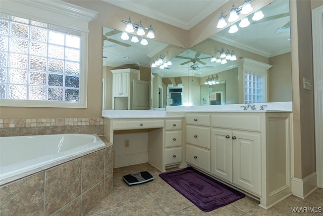 bathroom with tile patterned flooring, vanity, ceiling fan, and ornamental molding