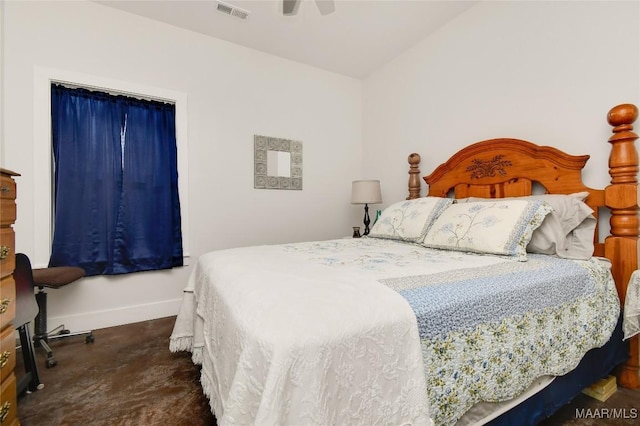 bedroom featuring ceiling fan and lofted ceiling