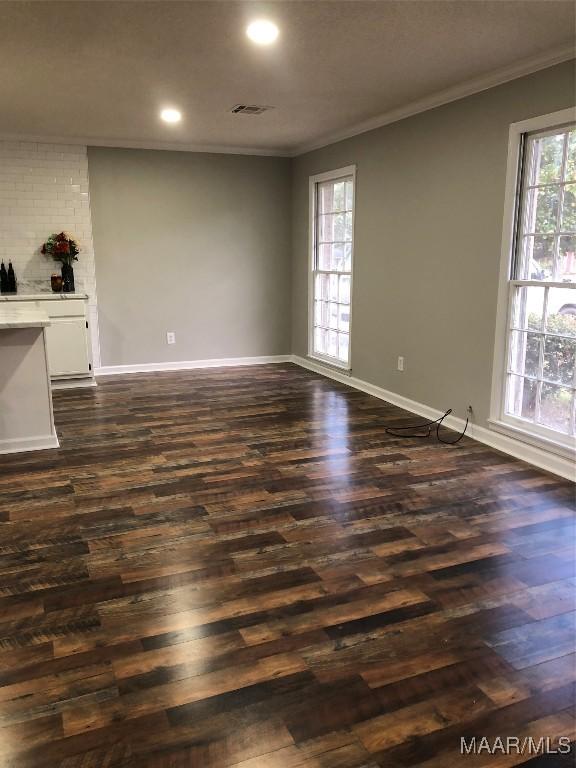 spare room with a wealth of natural light, dark wood-type flooring, and ornamental molding