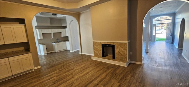 unfurnished living room featuring dark hardwood / wood-style flooring, a premium fireplace, sink, and ornamental molding