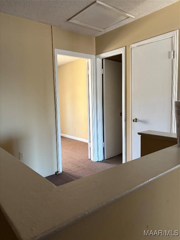 hall with light carpet and a textured ceiling