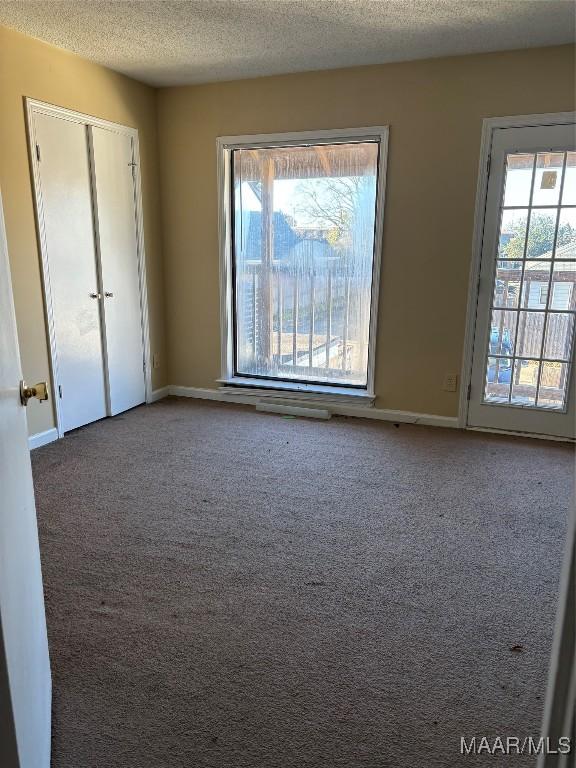 empty room featuring a textured ceiling and carpet flooring