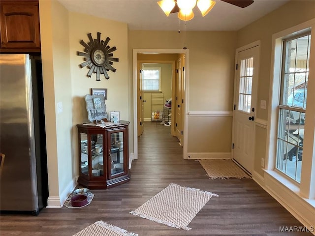 doorway to outside featuring ceiling fan and dark hardwood / wood-style floors