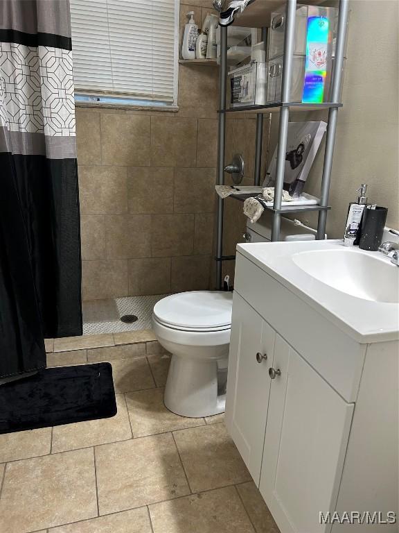 bathroom featuring a shower with curtain, vanity, and toilet