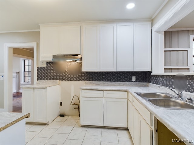 kitchen with decorative backsplash, white cabinetry, crown molding, and sink