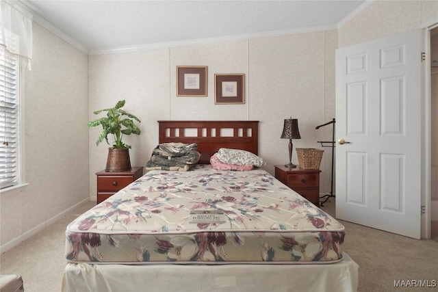 carpeted bedroom featuring ornamental molding