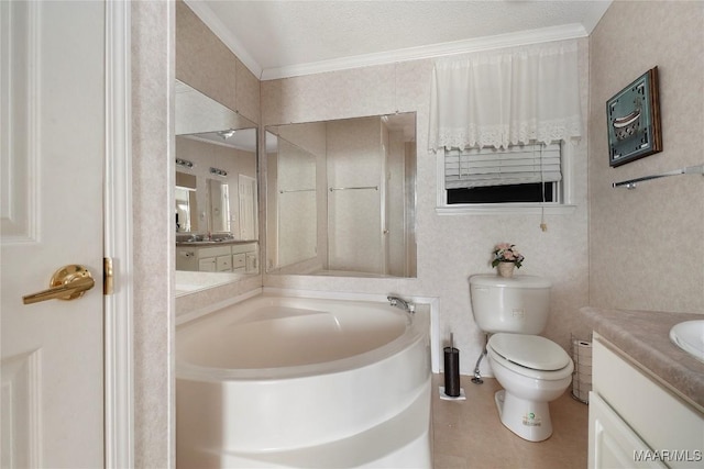 bathroom featuring a textured ceiling, vanity, crown molding, toilet, and a bathing tub