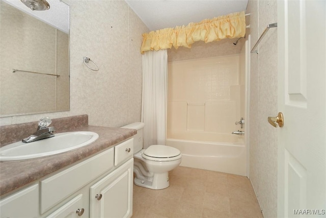 full bathroom with toilet, a textured ceiling, vanity, and bathing tub / shower combination