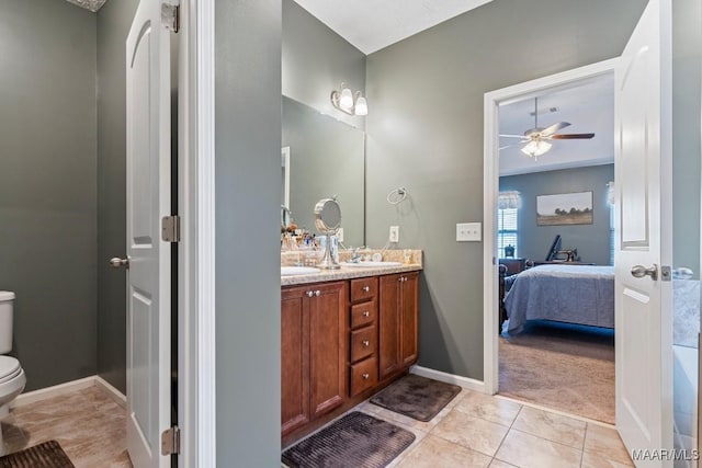 bathroom featuring tile patterned floors, ceiling fan, vanity, and toilet