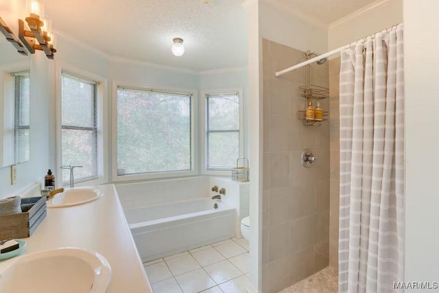 full bathroom with sink, a textured ceiling, and plus walk in shower