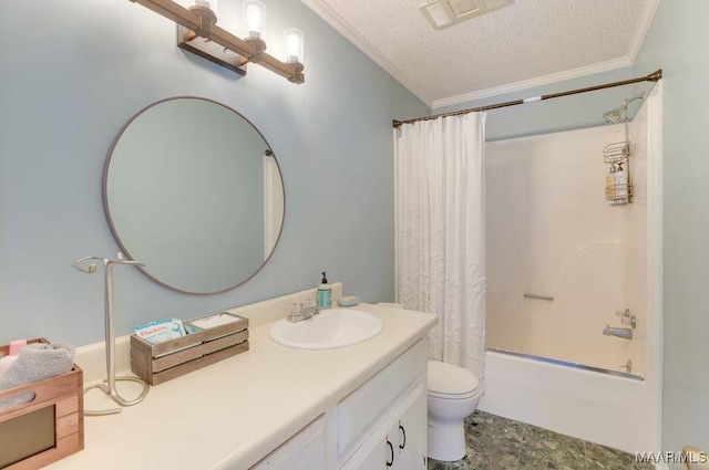 full bathroom with shower / tub combo, vanity, a textured ceiling, crown molding, and toilet