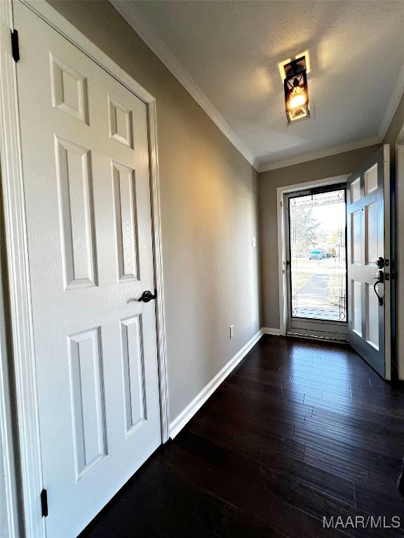 doorway featuring dark hardwood / wood-style floors and ornamental molding