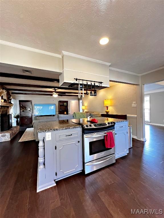 kitchen featuring white cabinets, electric stove, and crown molding