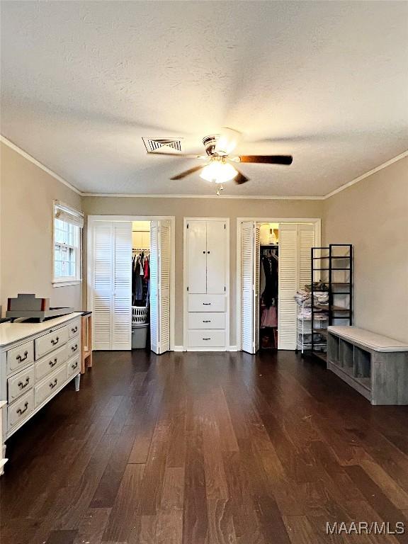 interior space featuring ceiling fan, dark wood-type flooring, a textured ceiling, two closets, and ornamental molding