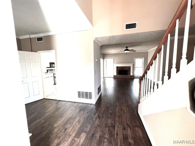 corridor featuring a textured ceiling, dark hardwood / wood-style floors, and crown molding